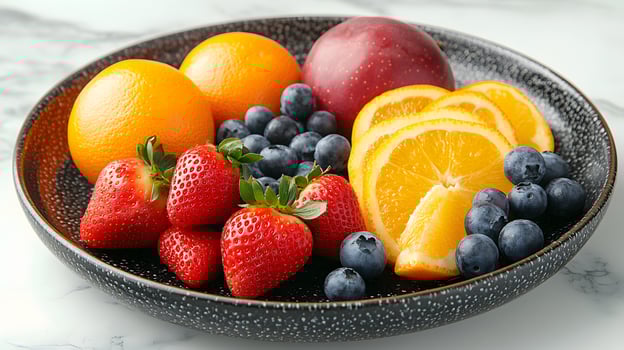 Colorful fruit arrangement on black ceramic plate presents fresh oranges, strawberries, blueberries and apples. Professional lighting highlights vibrant colors on white marble surface. organic photo