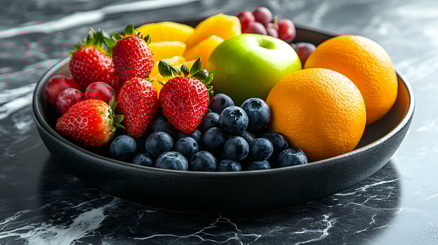 Colorful fruit arrangement on black ceramic plate presents fresh oranges, strawberries, blueberries and apples. Professional lighting highlights vibrant colors on white marble surface. nutritious photo