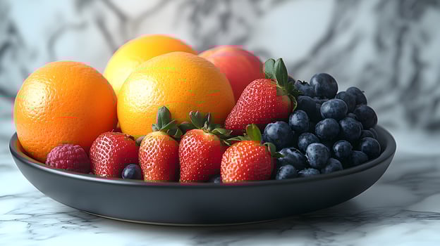 Colorful fruit arrangement on black ceramic plate presents fresh oranges, strawberries, blueberries and apples. Professional lighting highlights vibrant colors on white marble surface. ripe photo