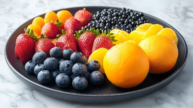 Colorful fruit arrangement on black ceramic plate presents fresh oranges, strawberries, blueberries and apples. Professional lighting highlights vibrant colors on white marble surface. sweet photo