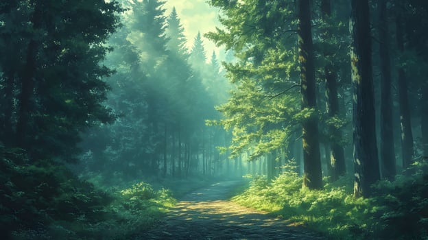 Mysterious forest scene shows tall pine trees shrouded in morning mist. Ethereal light filters through fog-covered woodland, creating moody atmosphere along forest path with fallen leaves. path photo