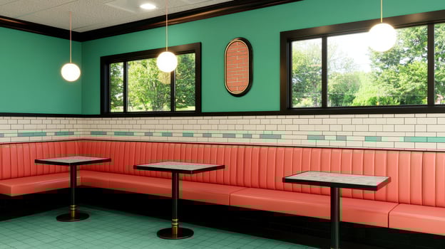 Retro Diner Booth Seating Teal Walls Vintage Restaurant Interior Design photo
