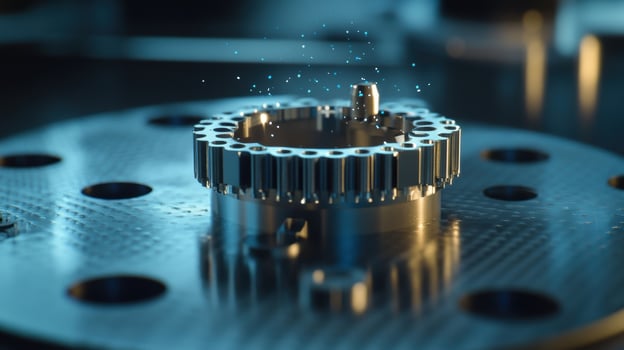 Precision engineering, metallic gear rotating on industrial machinery with sparks photo