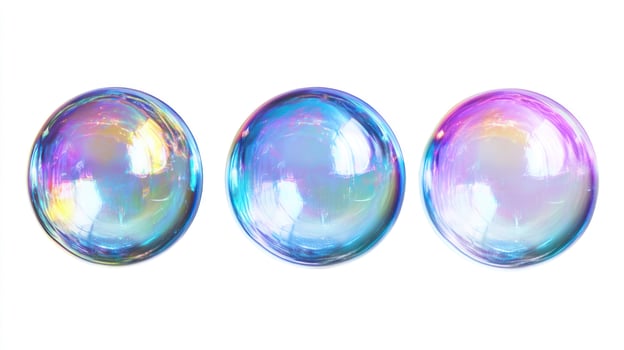 Three iridescent spheres with blue, purple, and yellow hues photo