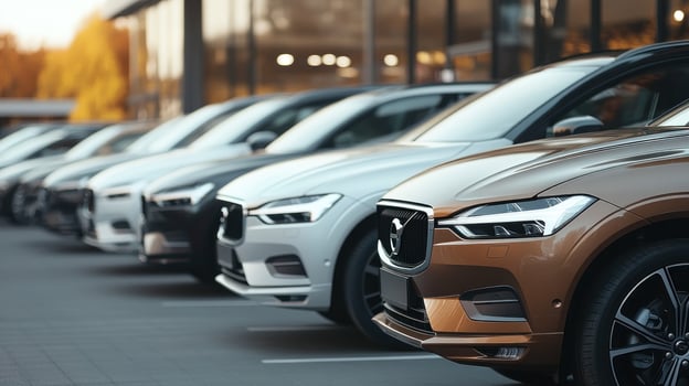 Row of New Cars in a Dealership Lot photo