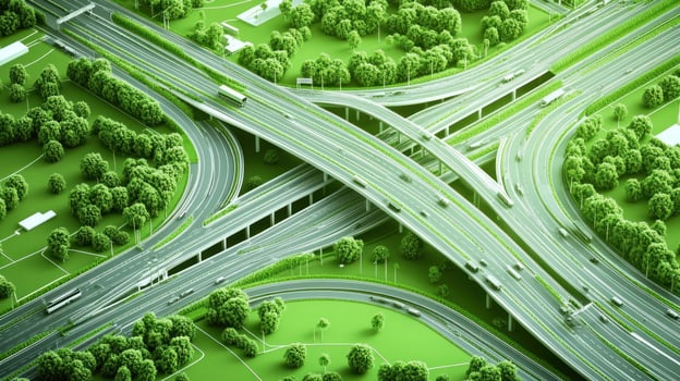 Aerial View of a Complex Highway Interchange Surrounded by Lush Green Vegetation photo