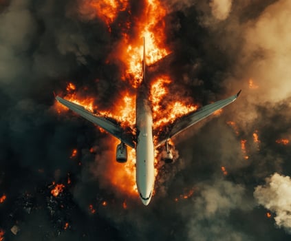 Aircraft engulfed in flames during nighttime emergency situation over a remote area photo