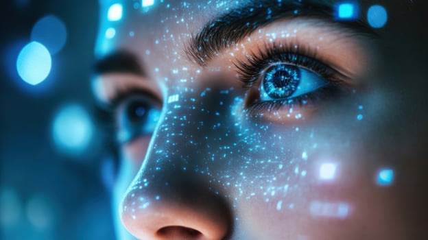 Woman embracing the future of technology with digital overlay on face photo