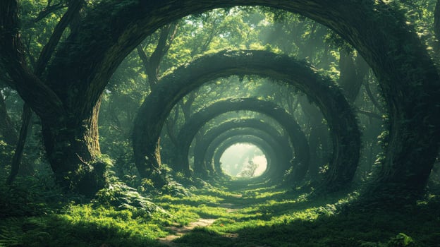 A Path Through Intertwined Tree Trunks in a Misty Forest photo