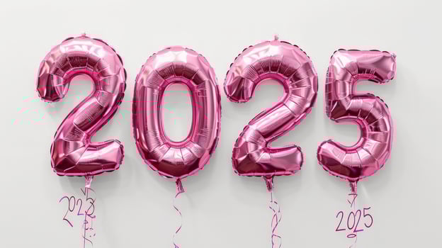A shiny, metallic pink number 2025 year balloon stands out against a isolated white background photo