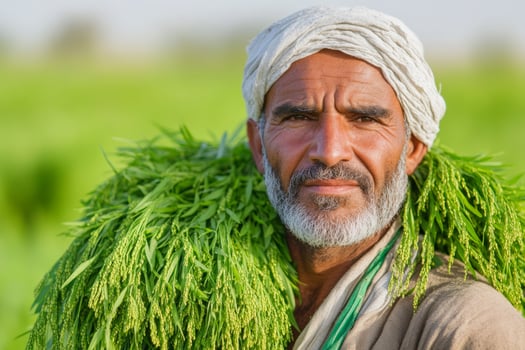 Portrait of a Farmer with Crop Over Shoulder in a Lush Green Field photo