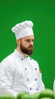 Chef in White Uniform Against Vibrant Green Background During Culinary Competition Finale Focused and Serious photo