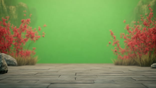 Ancient Zen Garden with Wind Chimes and Blossoms in Front of a Green Screen for Meditation and Tranquility in Nature-Inspired Imagery photo