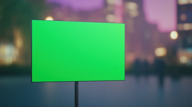 Green Blank Advertising Billboard in Vibrant City Center at Night with Blurred Lights and Urban Skyline photo