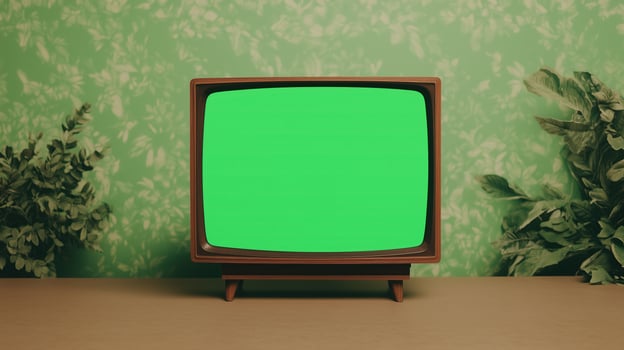 Retro Vintage Television with Green Screen in Classic 1970s Style Surrounded by Leafy Foliage Background on Wooden Surface Ideal for Nostalgic Media Projects and Creative Design Concepts photo