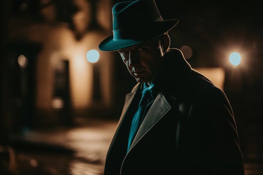 Man in hat and coat standing in dark street photo