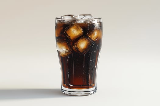 A refreshing glass of cold beverage filled with ice cubes on a neutral background. photo