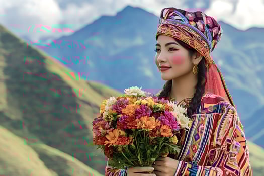 Hmong woman holding bouquet of flowers in the mountains photo