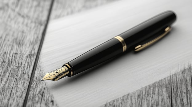 A black and gold fountain pen on a wooden table photo