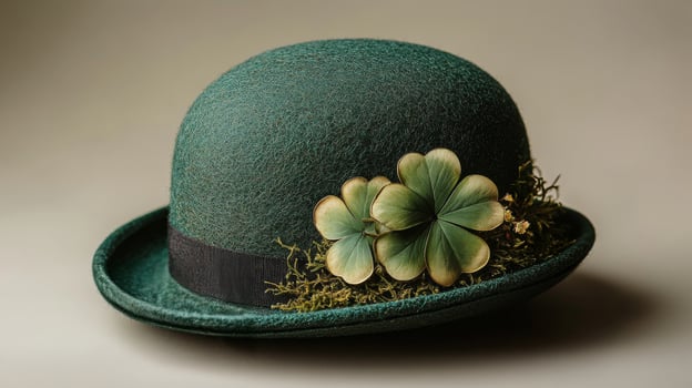 A green hat with four leaf clovers on it photo