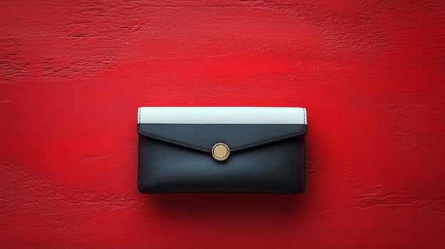 A black and white purse on a red wall photo