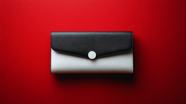 A black and white purse on a red background photo