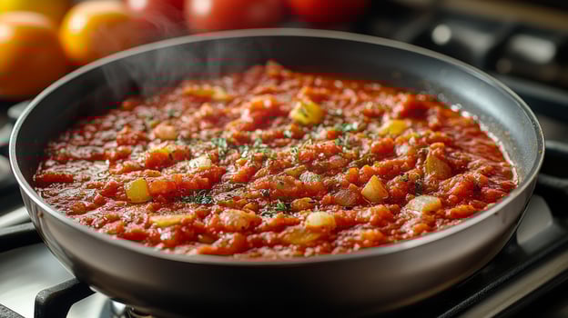 A pan filled with tomato sauce on the stove photo