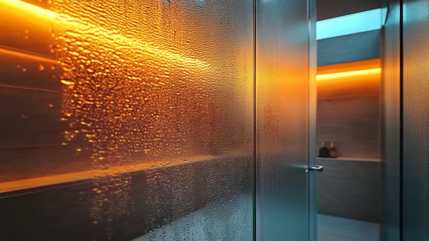 A bathroom with a glass door and orange lights photo