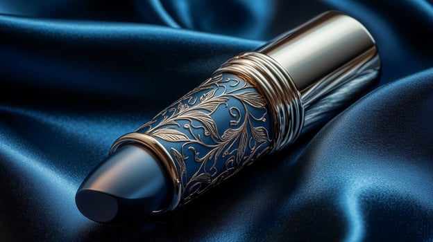 A blue lipstick on a blue satin cloth photo