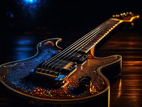 Electric guitar resting on wooden surface with dramatic lighting photo