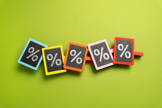 Discounts and shopping. Percentages on signs. Promotions and discounts on products. photo