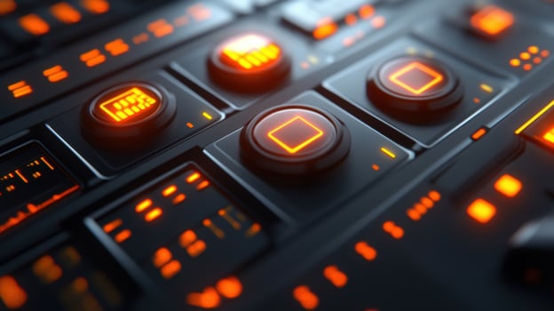 Futuristic control panel with glowing orange buttons and indicators photo