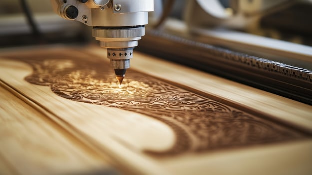 Laser engraving machine burning a beautiful pattern on a wooden plank photo