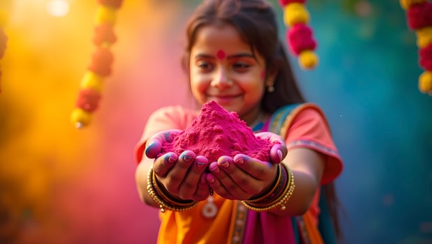 Little girl holds a handful of colorful powder, perhaps for a holiday or festival. The powder comes in various shades of blue, green and pink, creating a bright and festive atmosphere. photo