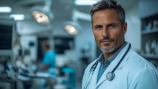 The male chief medical officer is dressed in a white lab coat with a stethoscope photo