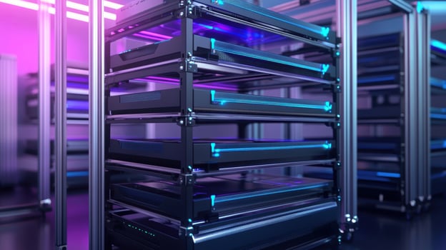 Server racks glowing with blue and purple lights in modern data center photo