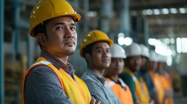 Construction worker in a yellow hard hat and safety vest, looking forward photo