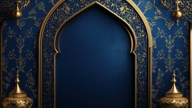 Ornate Golden Archway with Intricate Floral Designs on Deep Blue Background photo