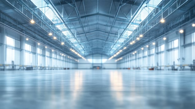 Empty Industrial Warehouse with Metal Roof and Lighting photo