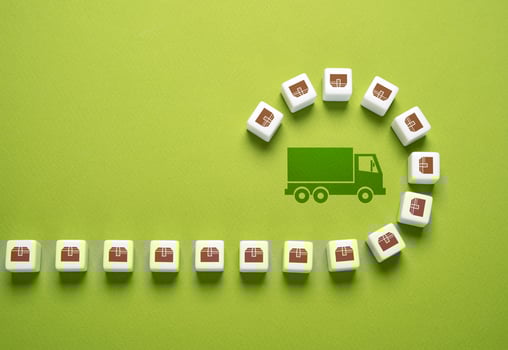 Truck and goods in boxes. Freight transport concept. Logistics and product distribution. Shipment of goods, filling the flight with orders. photo