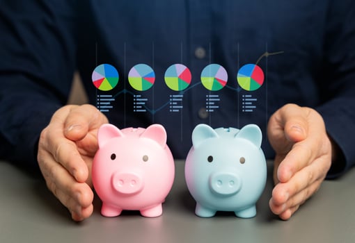 A study of consumer preferences of different genders in the banking and financial sector. Piggy bank in the hands of a businessman and information graphics. Financial goals, trust levels. Deposits photo