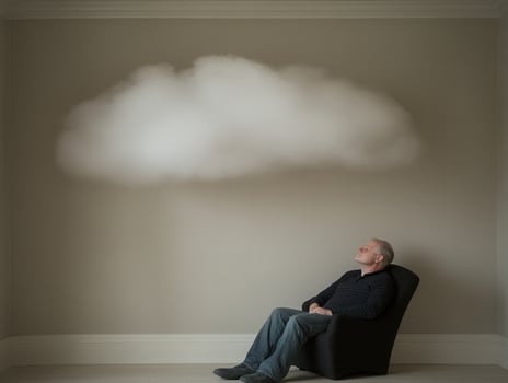 Senior man relaxing and daydreaming under a cloud indoors photo