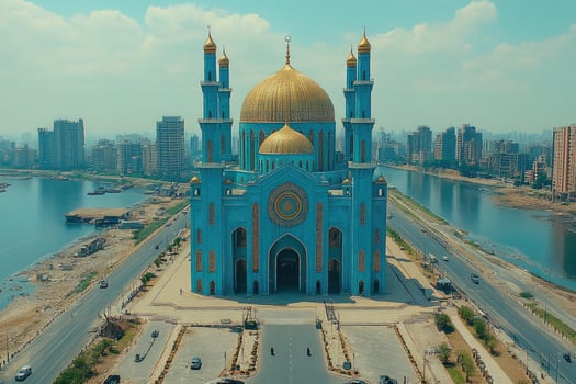 A blue mosque with gold domes on top of it photo