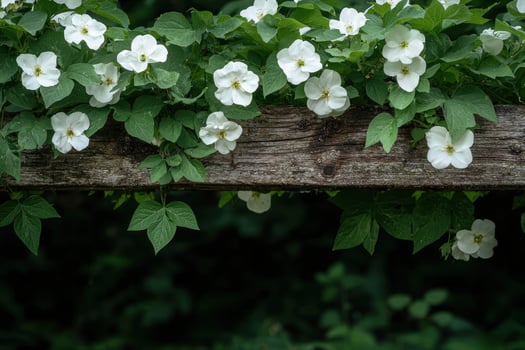 White flowers blooming on a rustic wooden fence. photo