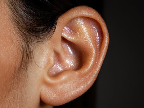 Close up of a womans ear, showing intricate details of skin texture and hair photo