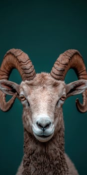 Close up portrait of a majestic ram with large horns against a dark green background photo