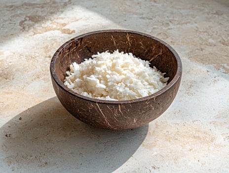 Close up of shredded coconut in a coconut bowl photo