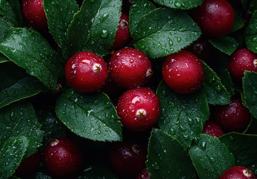 Close up of ripe red cranberries on a bush with water droplets on the leaves photo