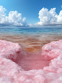 Pink salt lake water flowing into a crystal salt formation photo