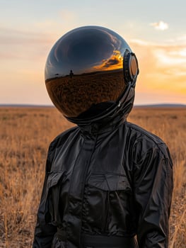 Astronaut standing in a field at sunset photo